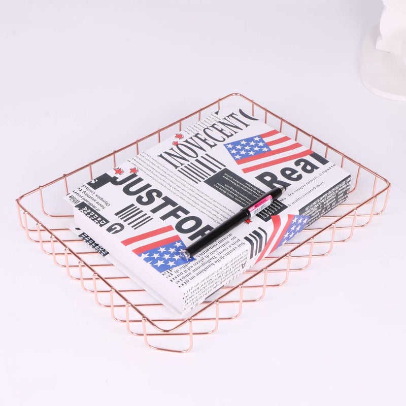 Fvstar Rose Gold File Organizer for Desk Letter Size Desk Paper Organizer Trays Large Capacity Metal File Organizer Paper Tray Wire Basket Bins for Office Desktop,12.5" x 9.4" x 1.9" - Image 4